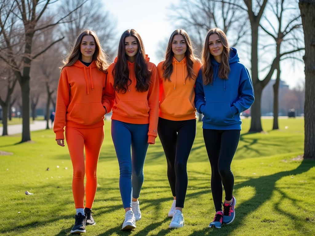 Four women in colorful hoodies and leggings walking in a park on a sunny day.