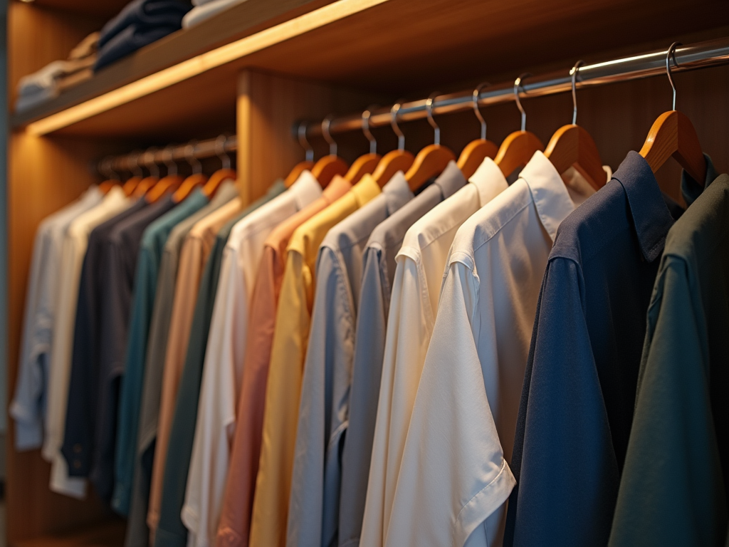 Button-up shirts in various colors neatly hung on wooden hangers in a closet.