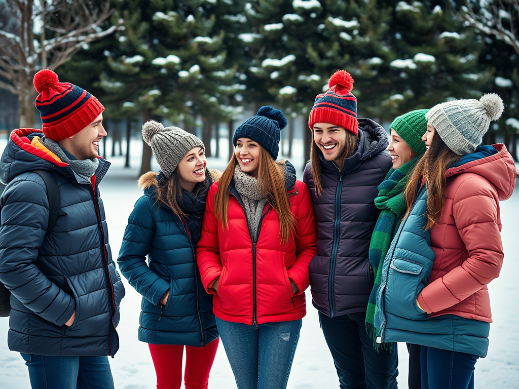 A group of six friends in winter clothing smiling and laughing together in a snowy park setting.