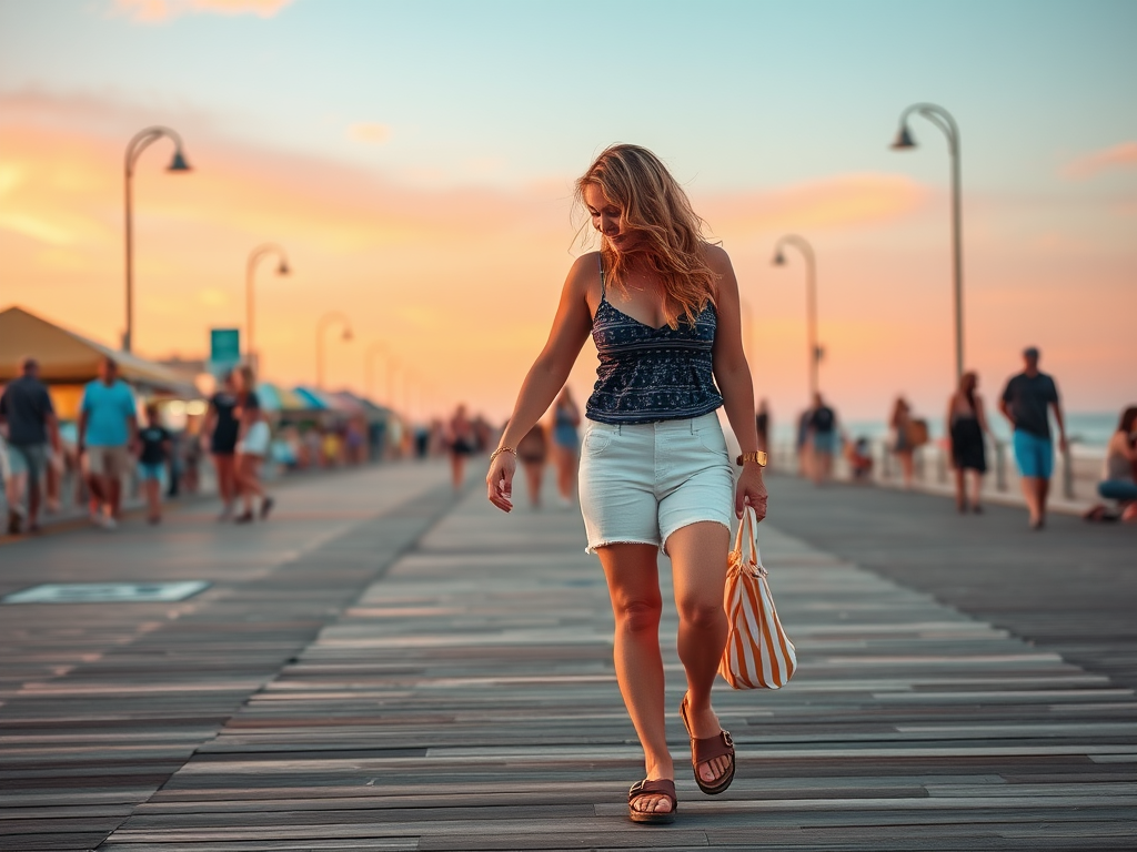 A woman in shorts walks along a colorful pier at sunset, surrounded by people and beach kiosks.